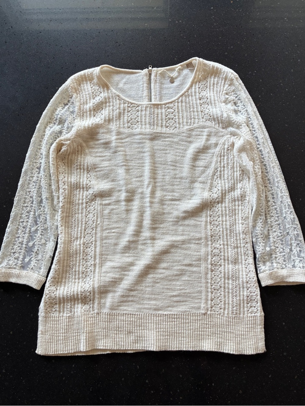 Anthropologie Knitted & Knotted Women's Cream Crochet Detail Scoop Neck Sweater